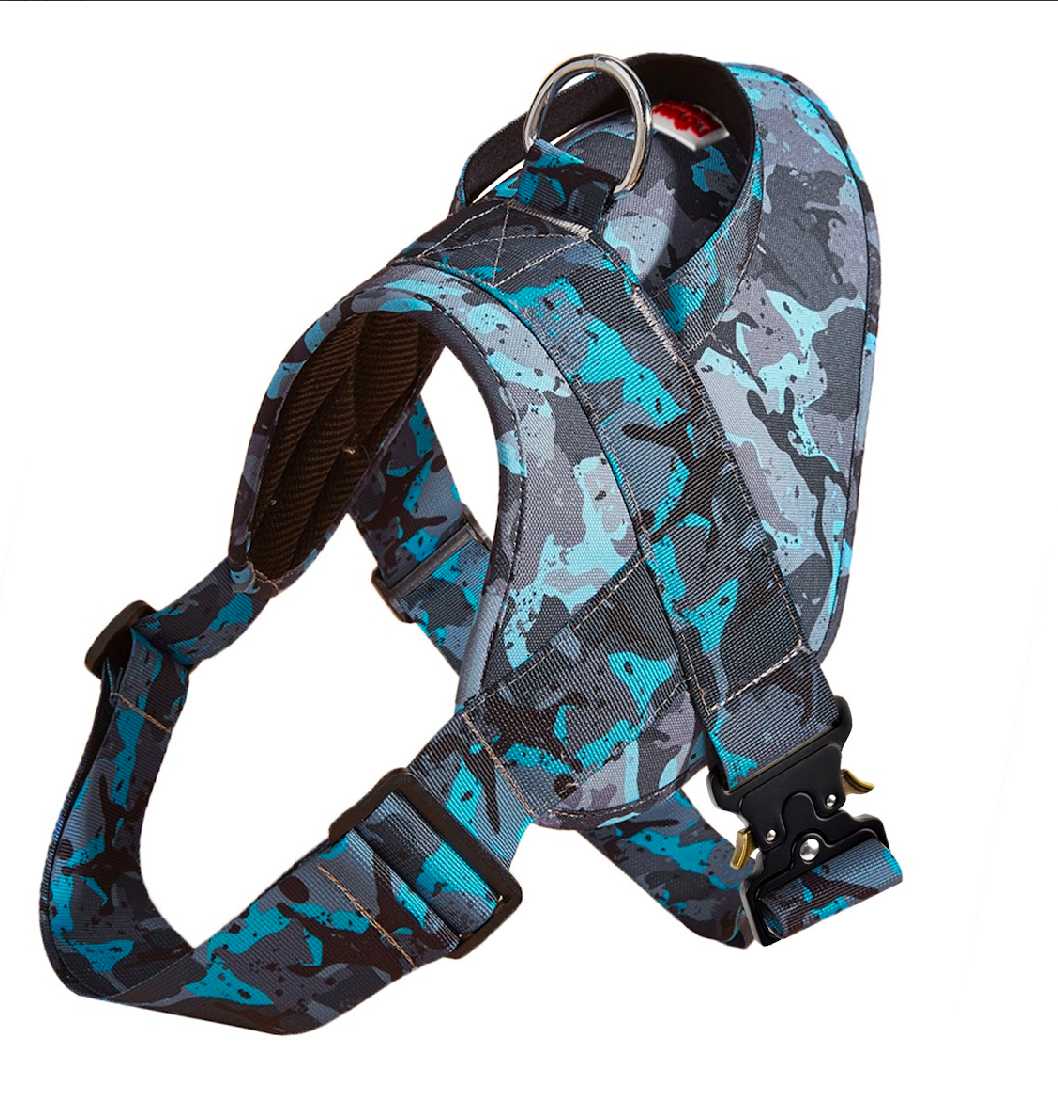 Large Camo Blue Tactical Pet Harness Metal Buckle