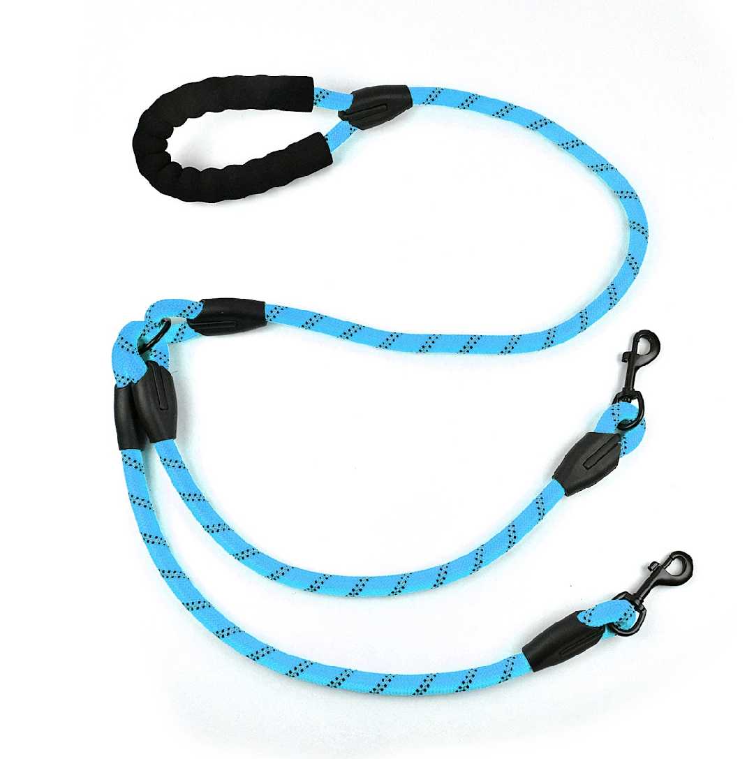 Blue Nylon Double Head Pet Leash Reflective