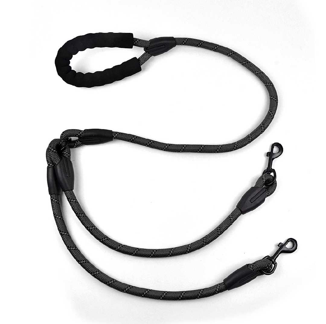 Black Nylon Double Head Pet Leash Reflective